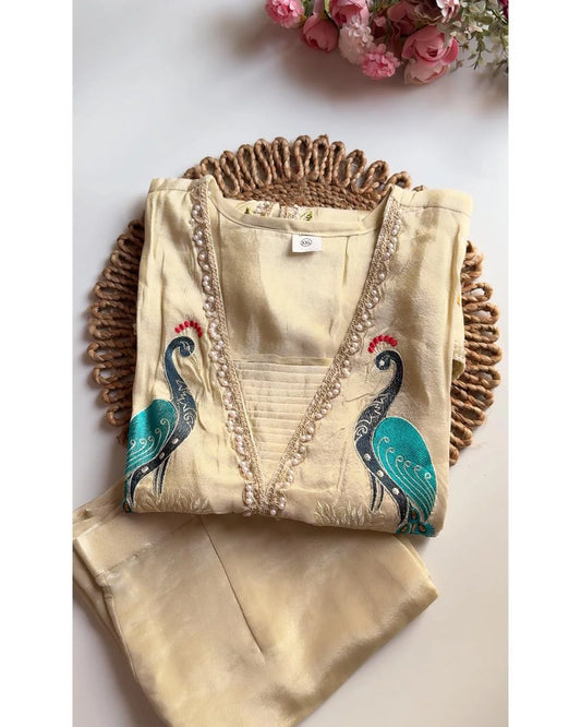 Ivory Peacock Embroidered Coord