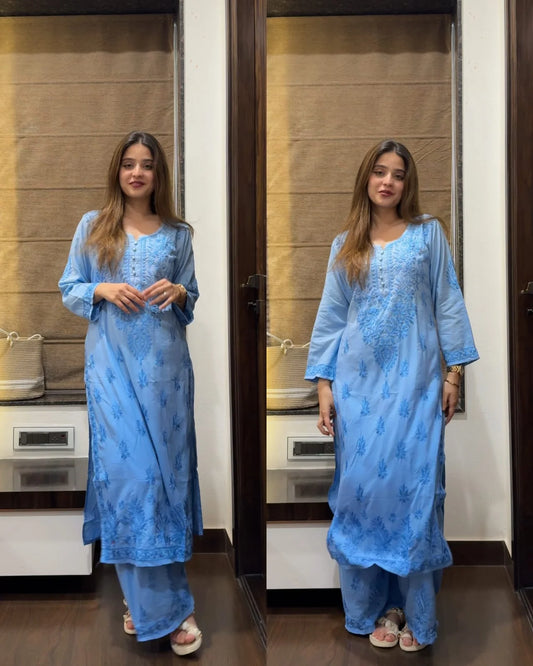 Chikankari Cotton Ombre Coords-Powder Blue