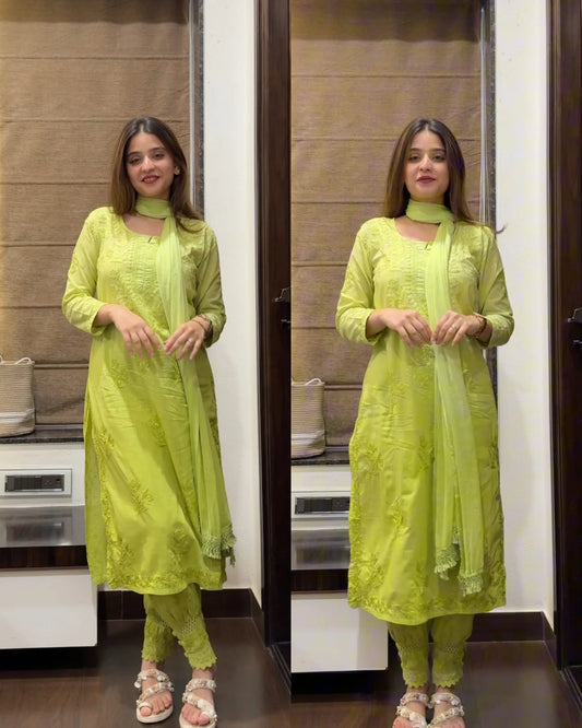 Chikankari Cotton Tye And Dye Suit-GREEN