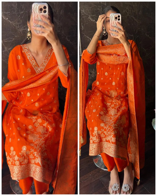 Premium Crepe Jaquard Suit -Orange