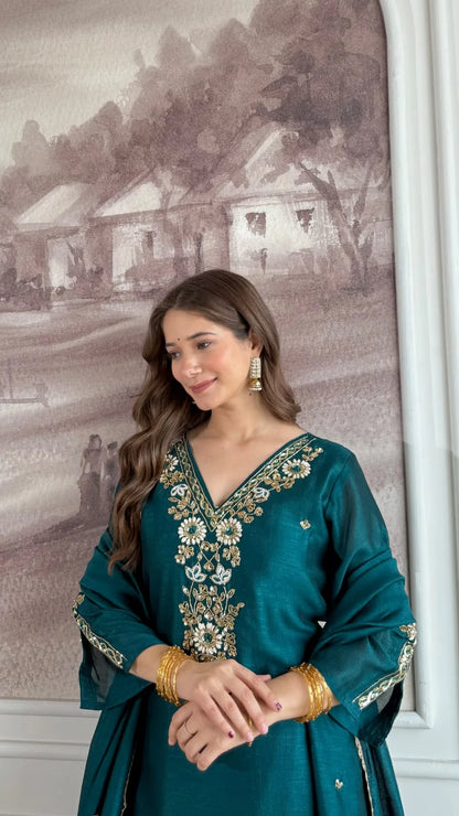 Premium Dola Silk Hand work Suit – Rama Green