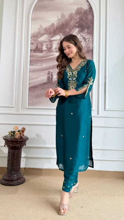 Premium Dola Silk Hand work Suit – Rama Green