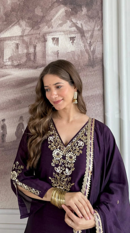 Premium Dola Silk Hand Work Suit – Dark Purple