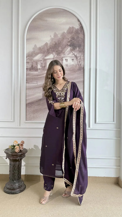 Premium Dola Silk Hand Work Suit – Dark Purple