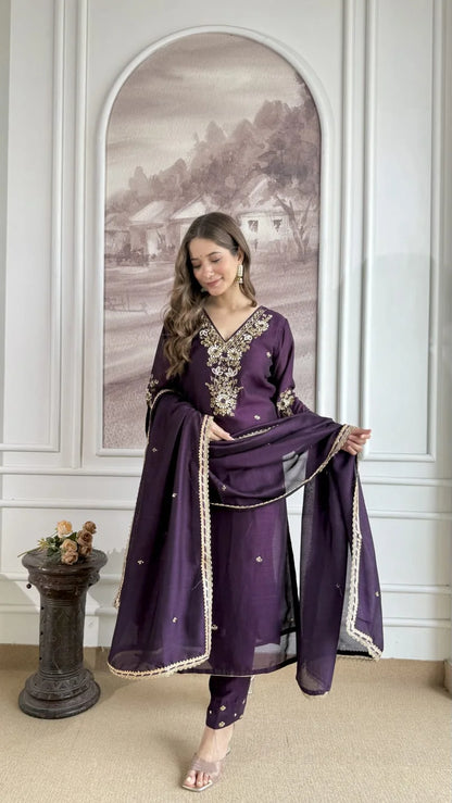 Premium Dola Silk Hand Work Suit – Dark Purple