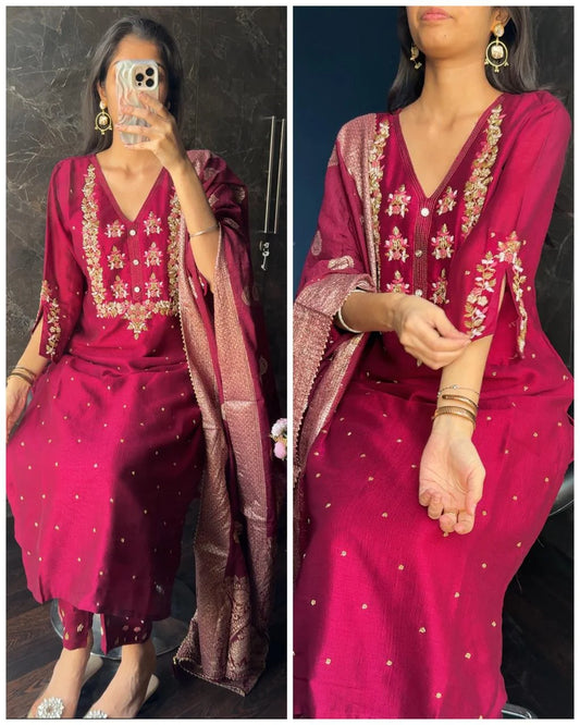 Premium Cherry Wine Hand Work Dola Silk Suit