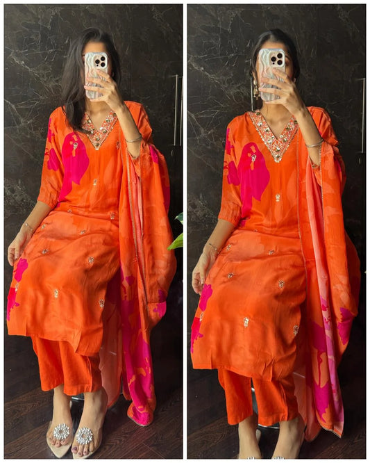 Premium Crepe V Neck Suit – Orange