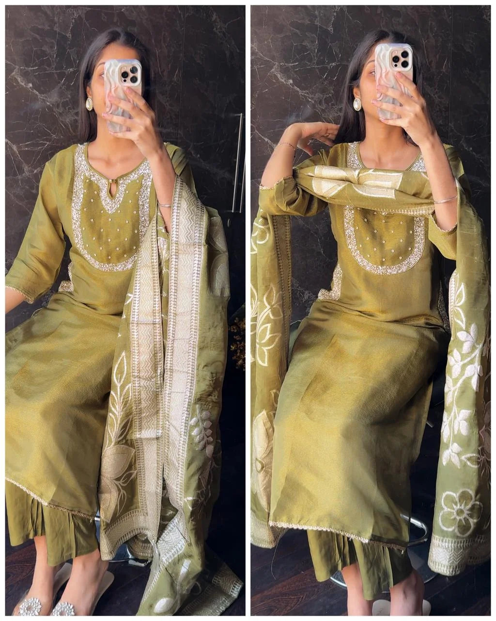 Premium Pocket Tissue suit -mehndi Green