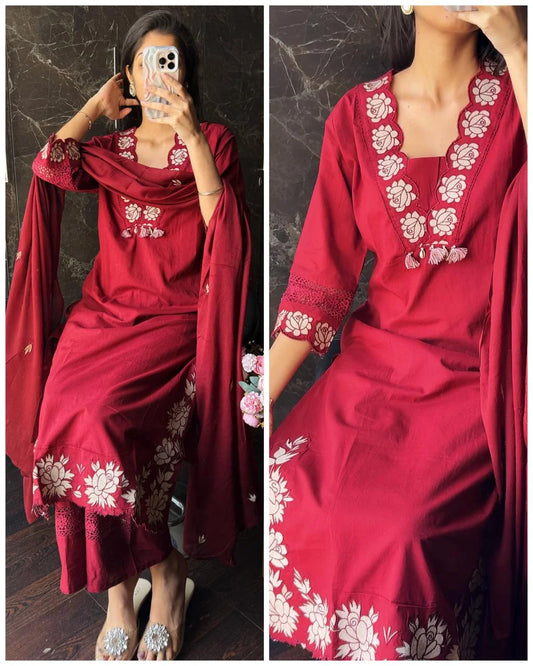 Premium Cotton Embroidered Fit – Maroon