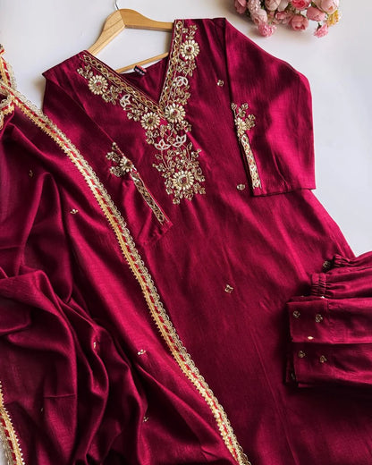 Premium Dola Silk Hand Work Suit -Cherry