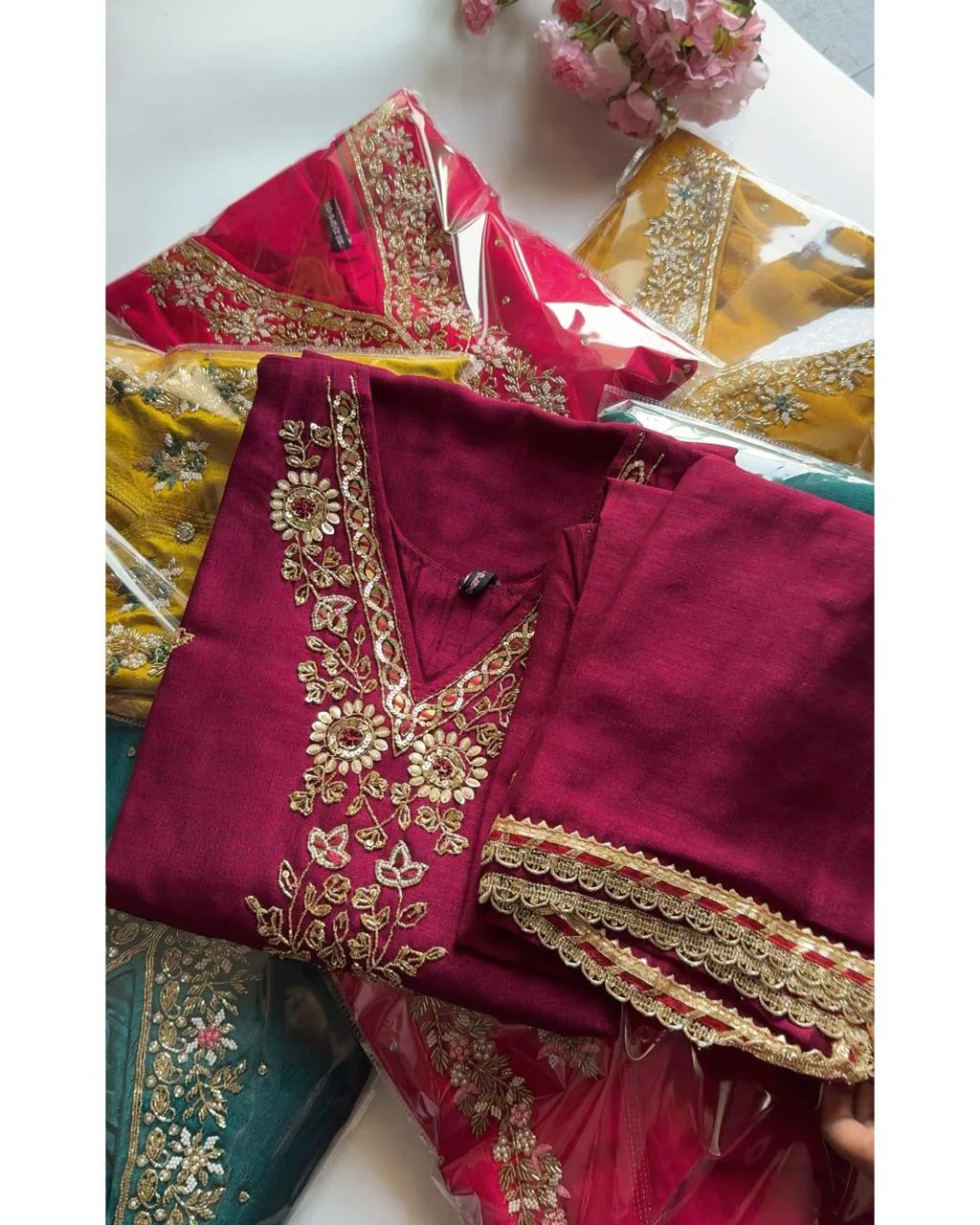 Premium Dola Silk Hand Work Suit -Cherry