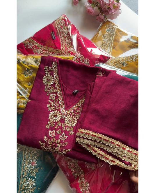 Premium Dola Silk Hand Work Suit -Cherry