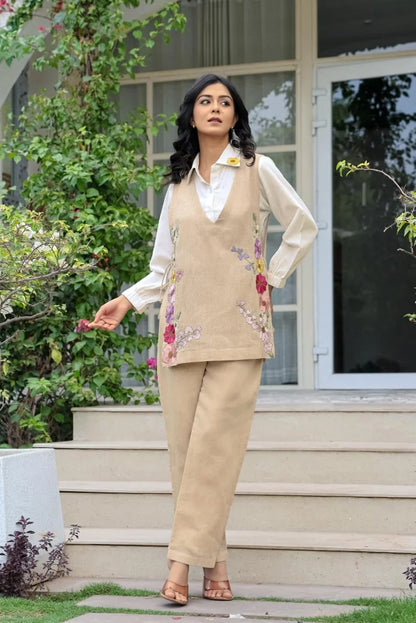 Premium jute Cotton Shirt with Coverup Coord 3 Piece