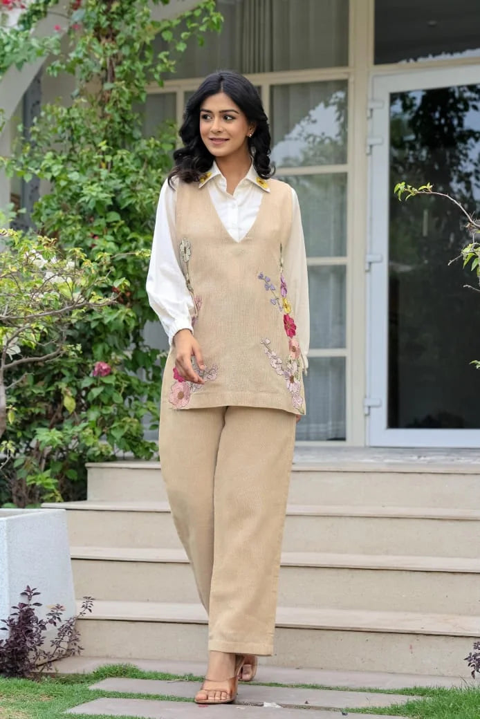 Premium jute Cotton Shirt with Coverup Coord 3 Piece