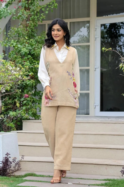 Premium jute Cotton Shirt with Coverup Coord 3 Piece