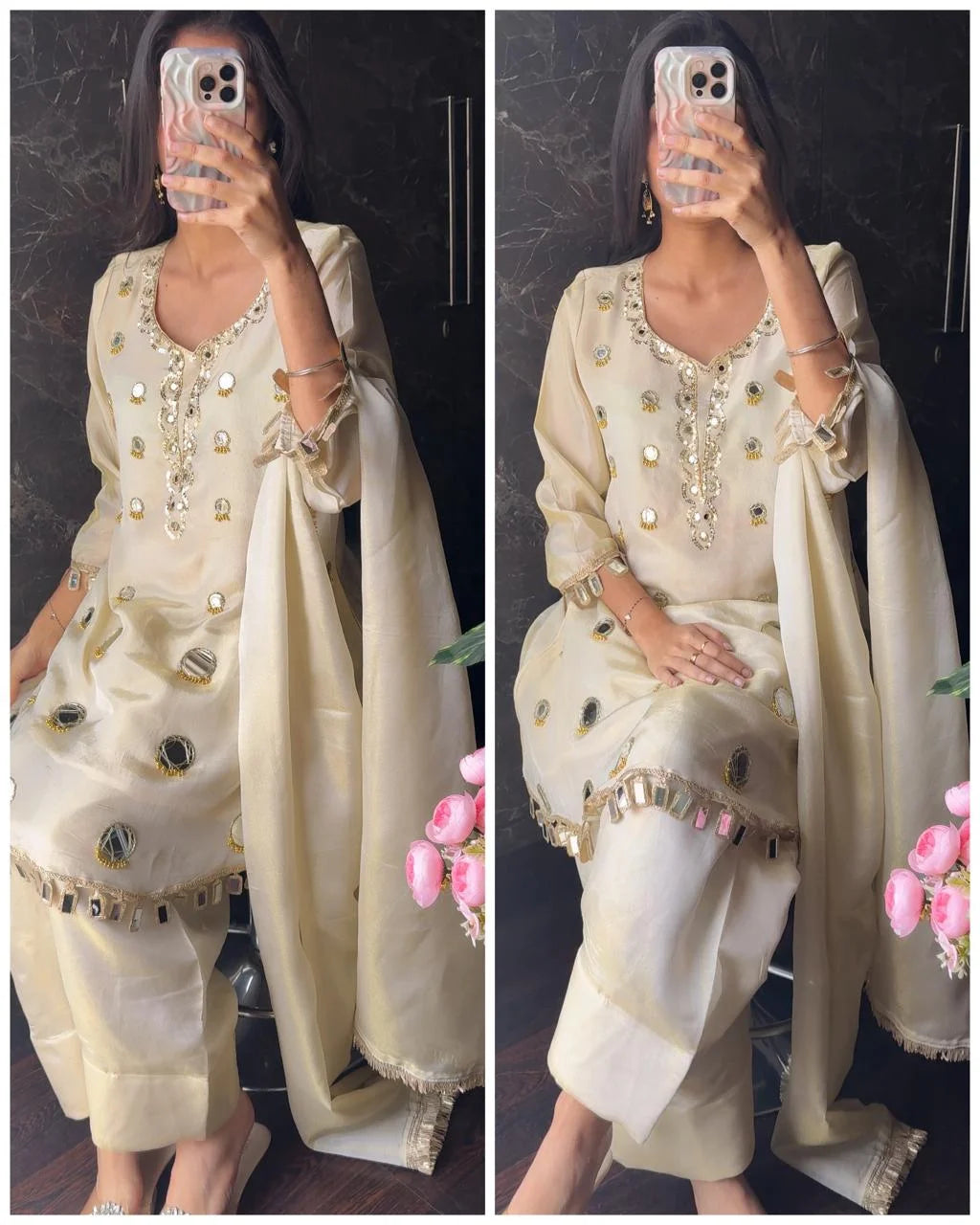 Boho Farsi Mirror Work Tissue Shimmer Suit – Ivory