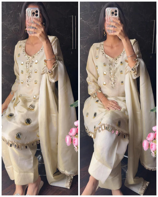 Boho Farsi Mirror Work Tissue Shimmer Suit – Ivory