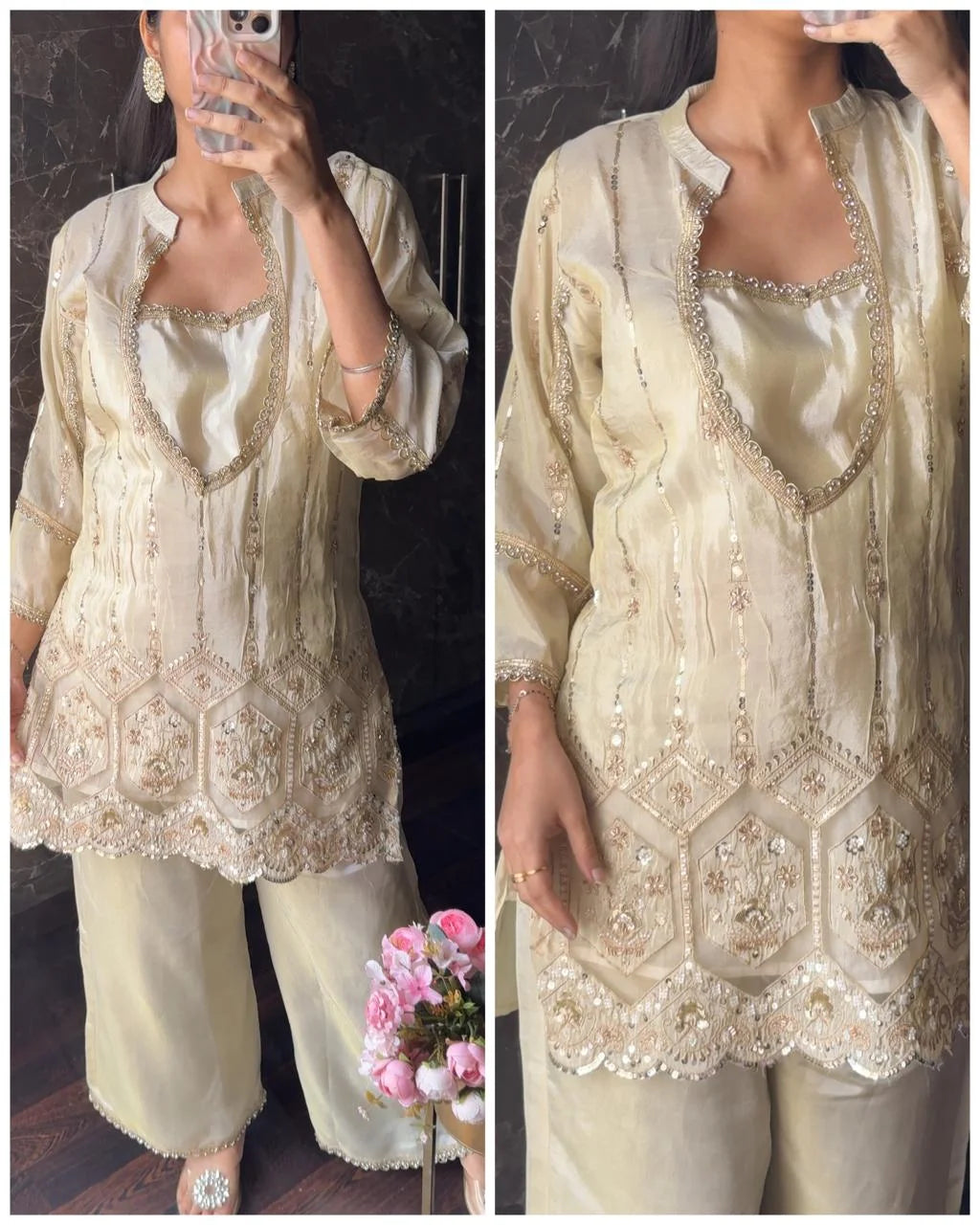 3 Piece Bustier Tissue Embroidered Coord