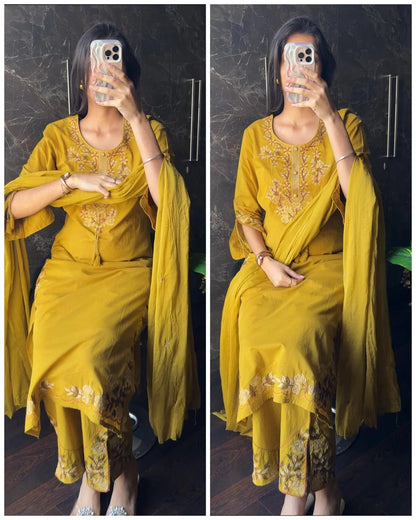 Premium cotton embroidered suit – Lime