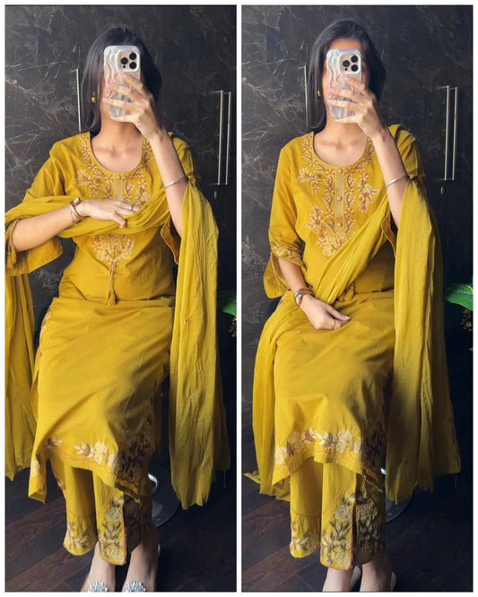 Premium cotton embroidered suit – Lime