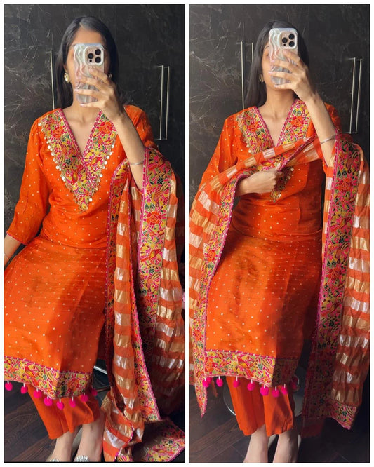 Premium Crepe Tissue Meenakari Suit – Orange