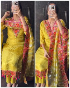 Premium Crepe Tissue Meenakari Suit – lime Yellow