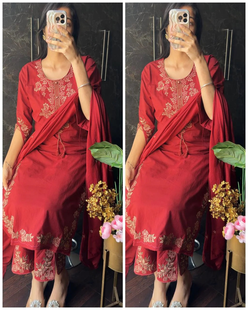 Premium Cotton Embroidered Suit -Maroon
