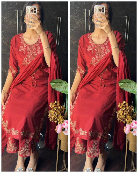 Premium Cotton Embroidered Suit -Maroon