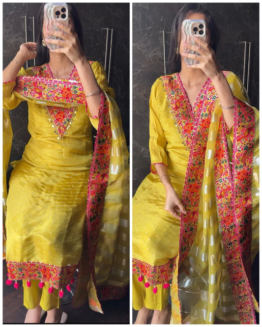 Premium Crepe Tissue Meenakari Suit – lime Yellow