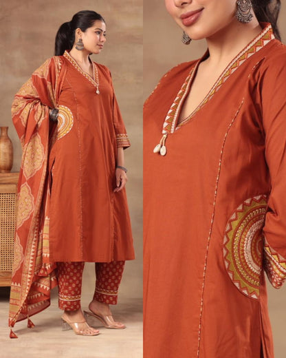 Stylish Embroidered Cotton Pocket suits -Rust orange