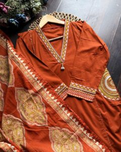 Stylish Embroidered Cotton Pocket suits -Rust orange