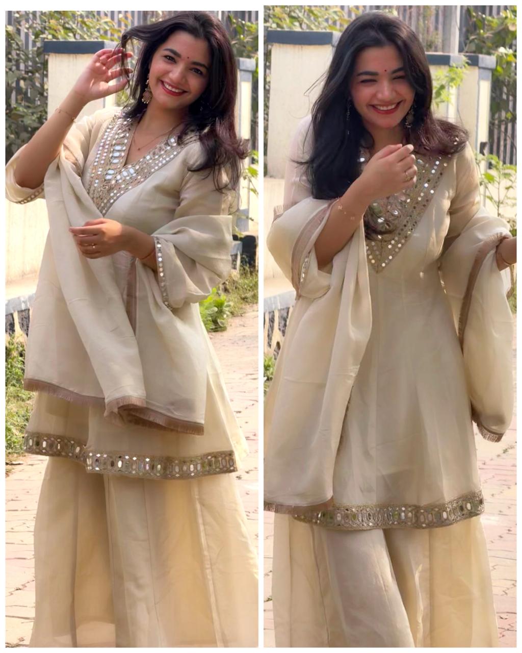 Premium Pure Tissue Mirror work Flared Bottom set