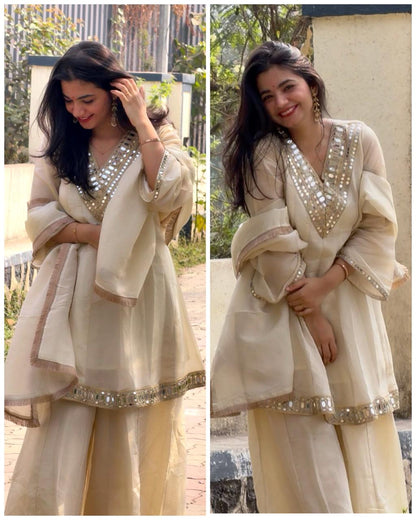 Premium Pure Tissue Mirror work Flared Bottom set