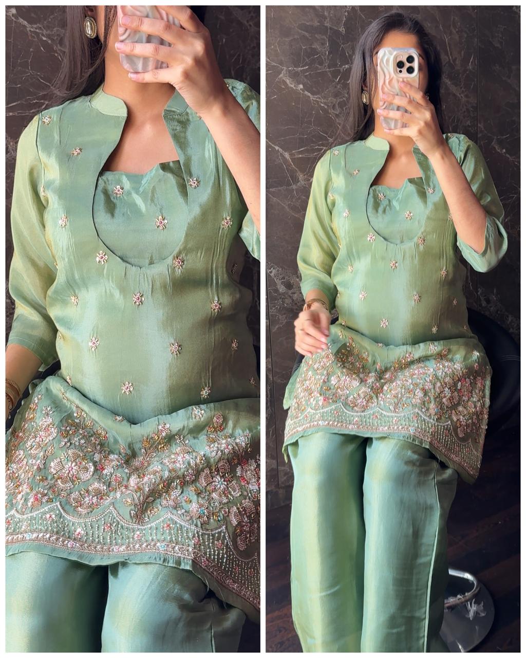 Premium Bustier Tissue Coord Set -Pista Green