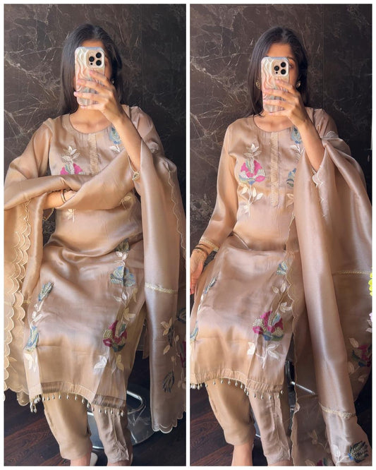 Premium Tissue Patch Work Suit -Chikoo