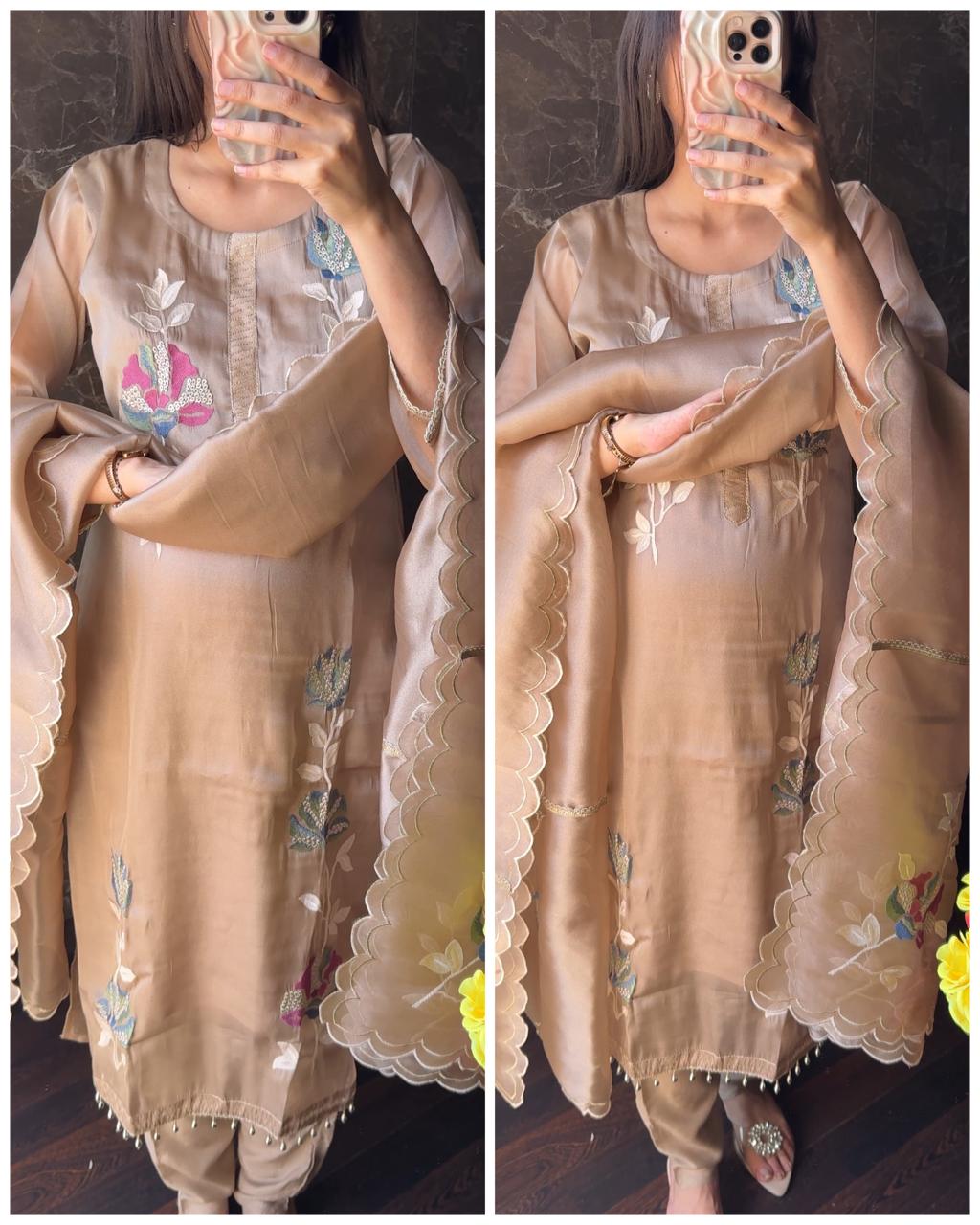 Premium Tissue Patch Work Suit -Chikoo