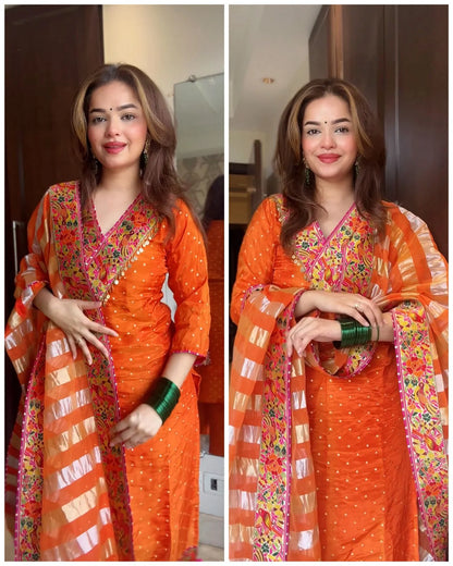 Premium Crepe Tissue Meenakari Suit – Orange