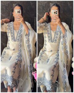 Premium Kora Cotton Embroidered Sciffli Suit – Grey