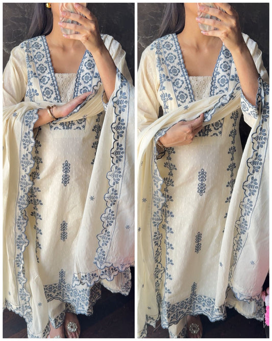 Premium Kora Cotton Embroidered Sciffli Suit – Grey