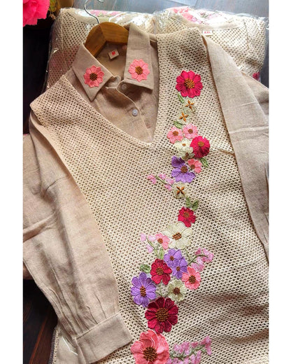 Premium Jute Coverup Coord with Appliqué 3D Flowers