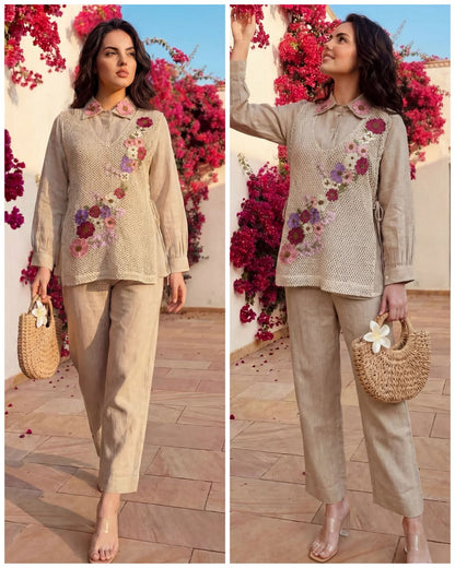 Premium Jute Coverup Coord with Appliqué 3D Flowers