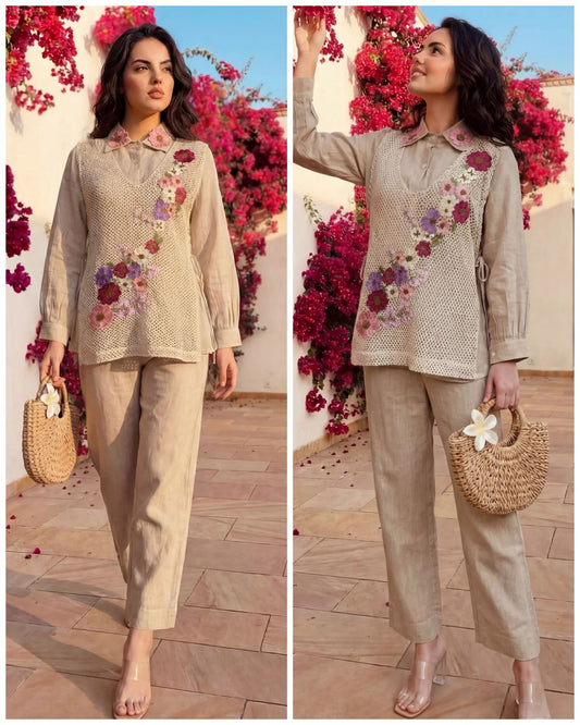 Premium Jute Coverup Coord with Appliqué 3D Flowers