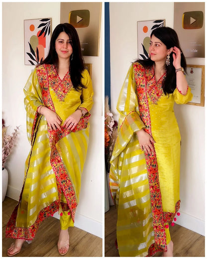 Premium Crepe Tissue Meenakari Suit – lime Yellow