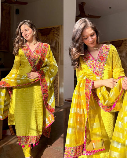 Premium Crepe Tissue Meenakari Suit – lime Yellow