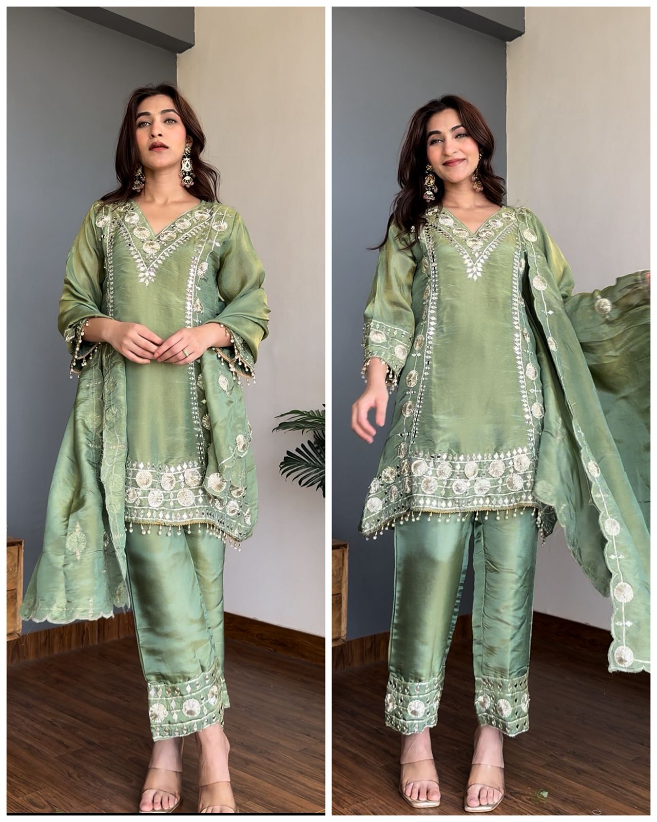 Gotta mirror Premium Crepe Tissue Suit -Pistachio Green