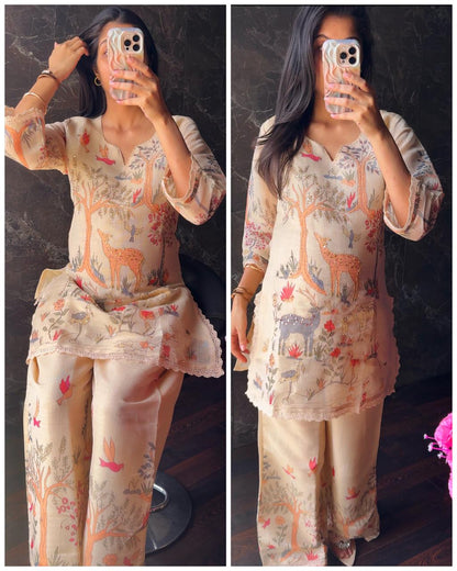 Premium Chanderi Cotton Cross Stitched Coord – Beige