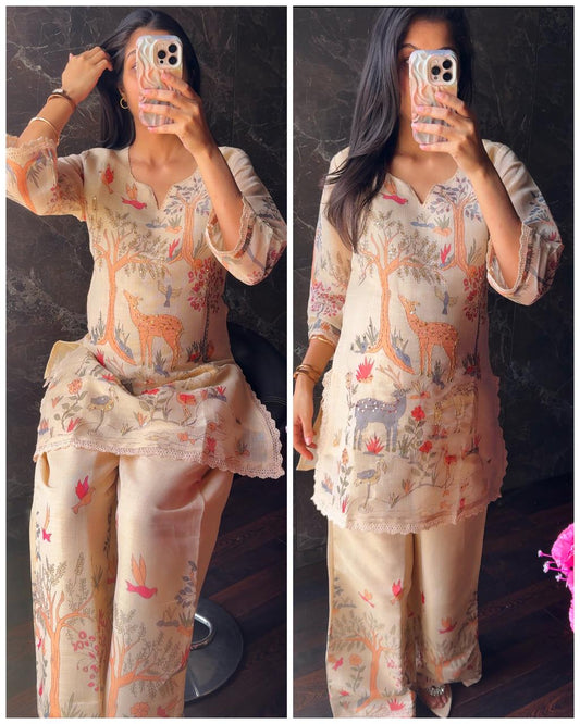 Premium Chanderi Cotton Cross Stitched Coord – Beige