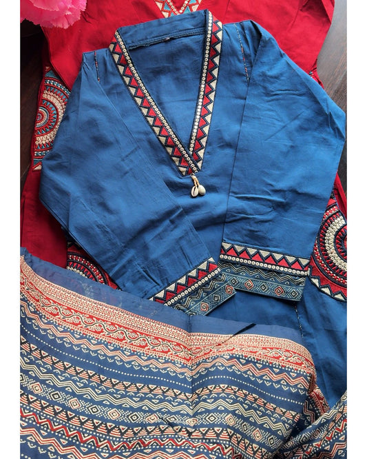 Stylish Embroidered Cotton Pocket suits -Blue