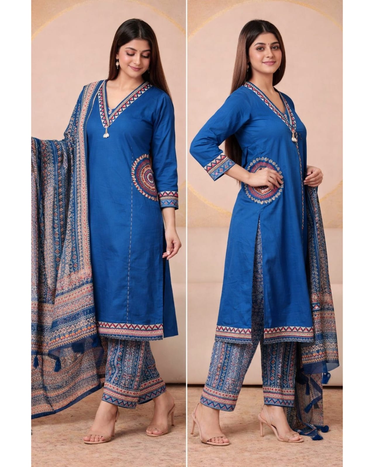 Stylish Embroidered Cotton Pocket suits -Blue
