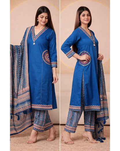 Stylish Embroidered Cotton Pocket suits -Blue